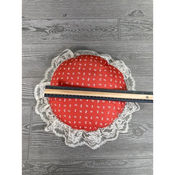 Vintage Burnt Red Orange 9" Round Throw Pillow White Floral Pattern Lace Edge - Picture 10 of 10